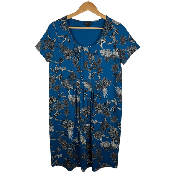 J Jill Wherever Collection Floral Pleated Dress Small Blue Comfy Office Casual‎ - Picture 1 of 9